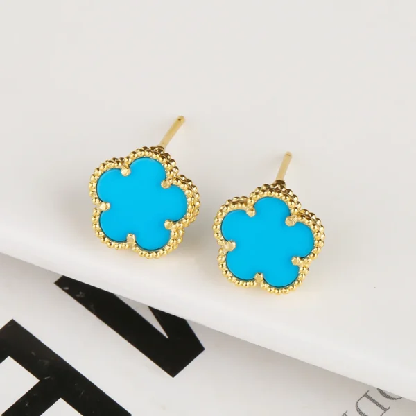 Boucles d&rsquo;oreilles trèfle dorées et bleu