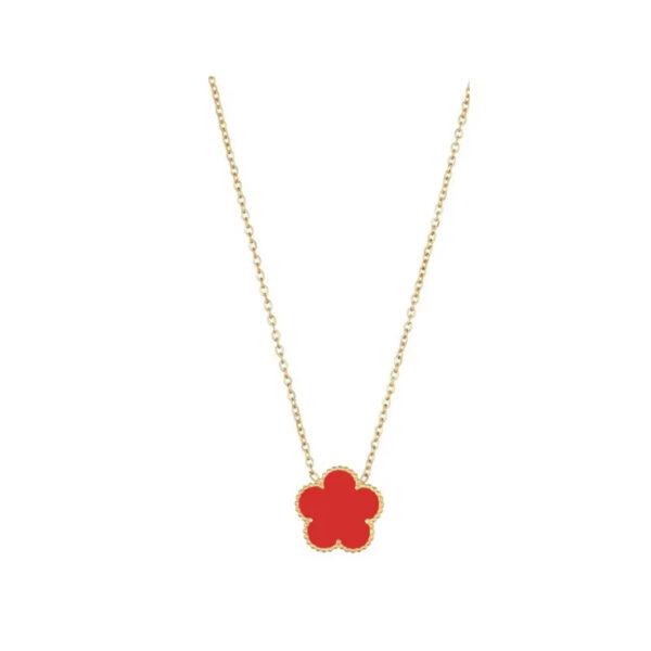 Collier Trefle Rouge Cinq Feuilles Or