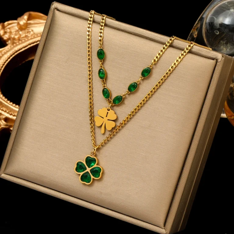 Collier Trefle Vert Or 2 Niveaux