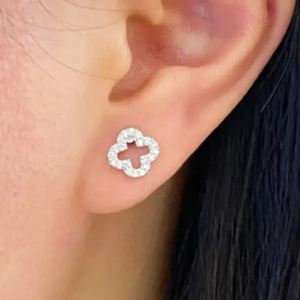 Boucles Doreilles Trefle Argentees Pierres Brillantes 2