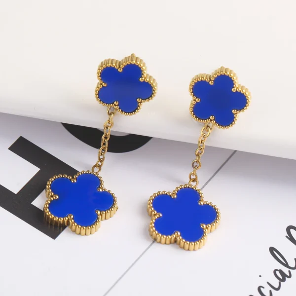 Boucles Doreilles Trefle Bleues Pendantes 2