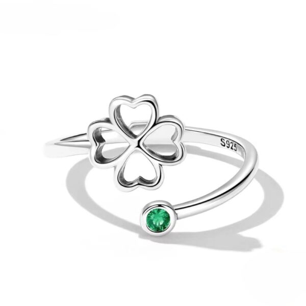 Bague trèfle 4 feuilles argent avec cristal vert