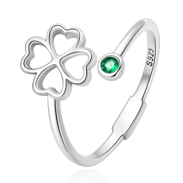 Bague trèfle 4 feuilles argent avec cristal vert