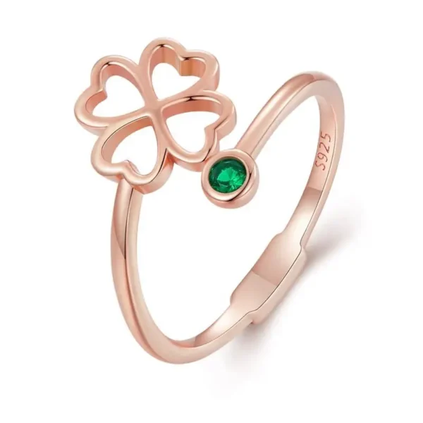 Bague trèfle 4 feuilles or rose avec cristal vert