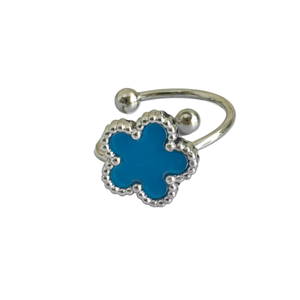 Bague trèfle à 5 feuilles ajustable bleue et argent