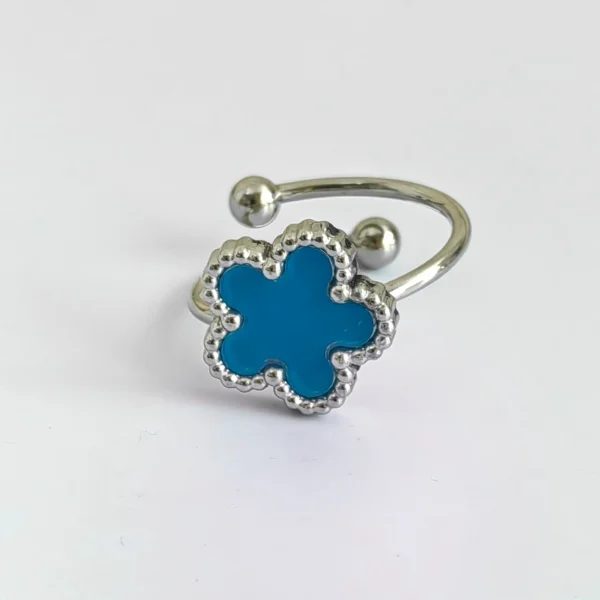 Bague trèfle à 5 feuilles ajustable bleue et argent