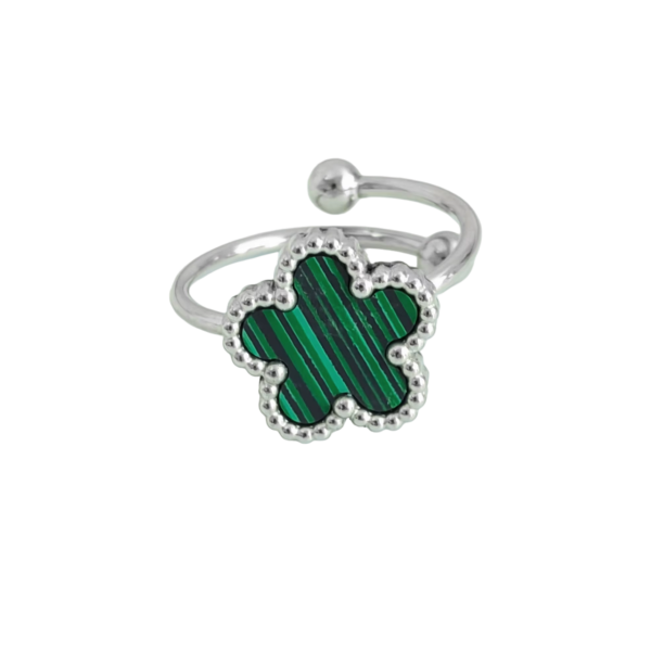 Bague trèfle à 5 feuilles ajustable verte et argent