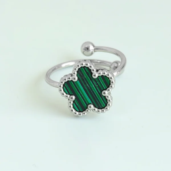 Bague trèfle à 5 feuilles ajustable verte et argent