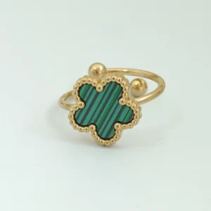 Bague trèfle à 5 feuilles ajustable verte et or