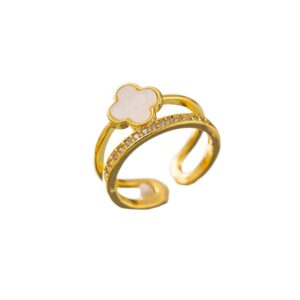 Bague trèfle blanc double avec cristaux or