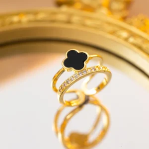 Bague trèfle noir double avec cristaux or