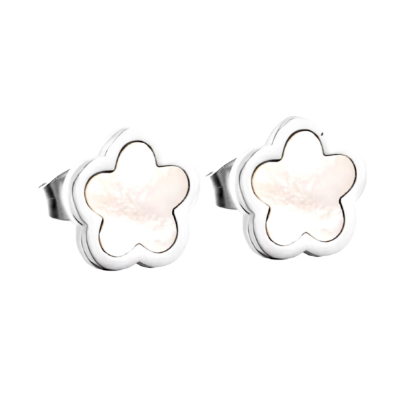 Boucles d'oreilles trèfle à 5 feuilles argent et blanc nacré