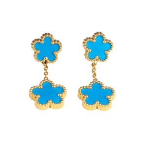 Boucles d'oreilles trèfle pendantes bleues claires et dorées