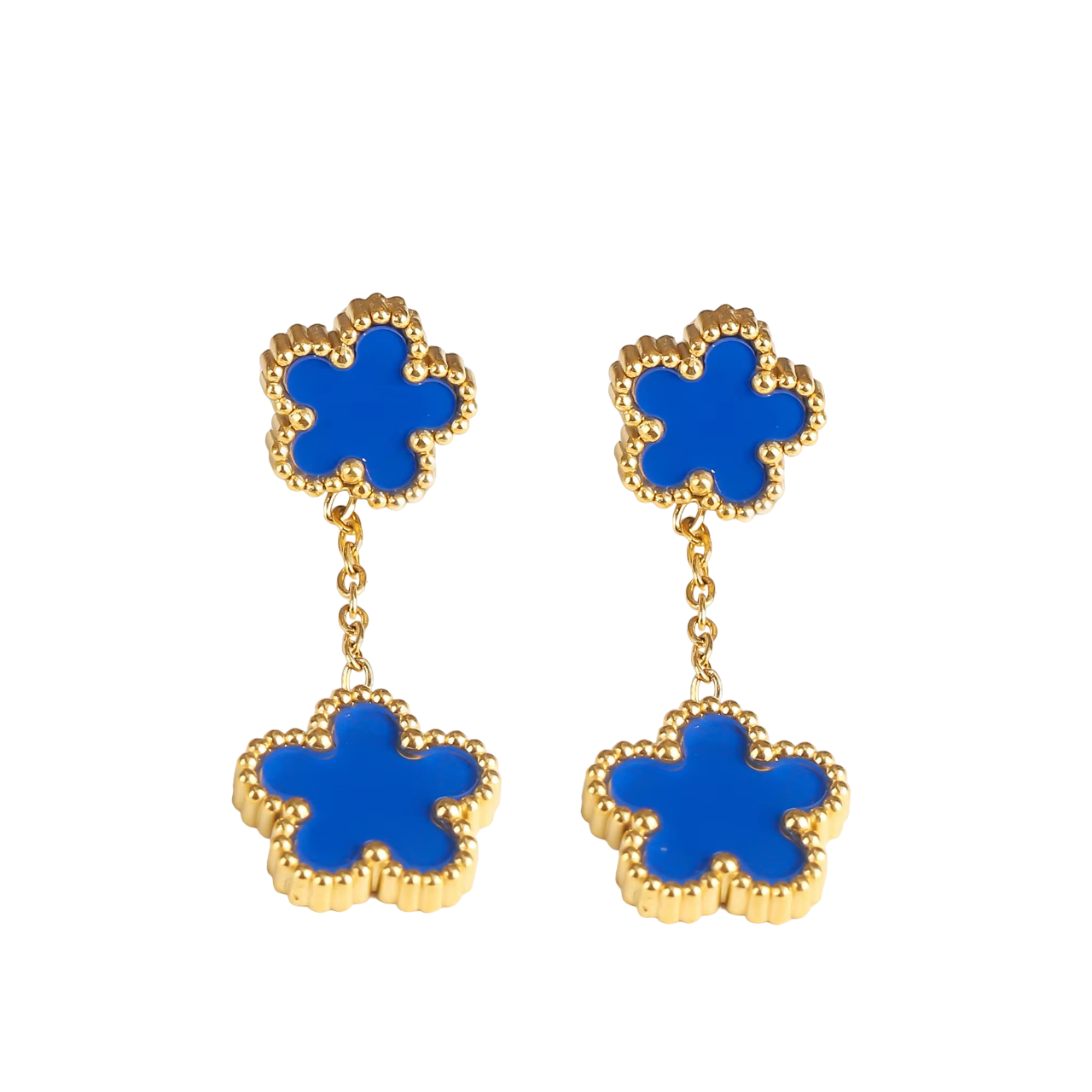 Boucles d'oreilles trèfle pendantes bleues et dorées