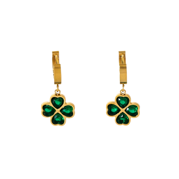 Boucles d'oreilles trèfle vert 4 feuilles or créoles