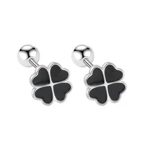 Boucles d'oreilles trèfles à 4 feuilles argent et noir