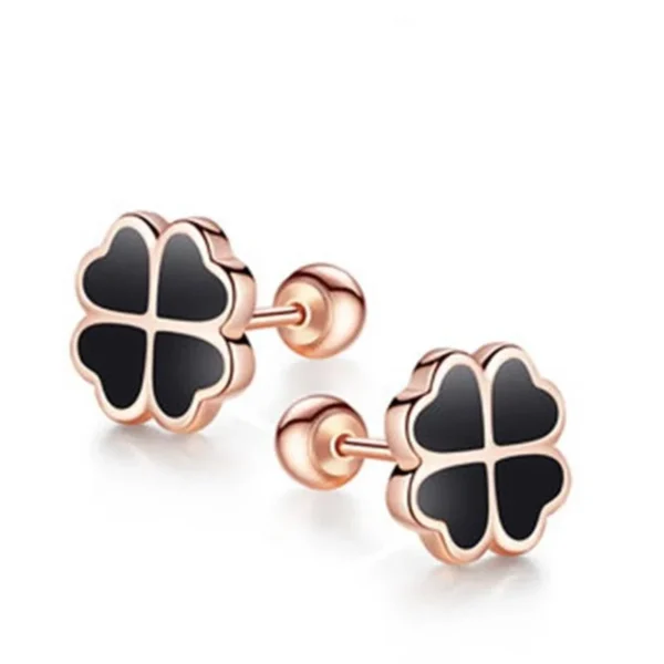 Boucles d'oreilles trèfles à 4 feuilles or rose et noir