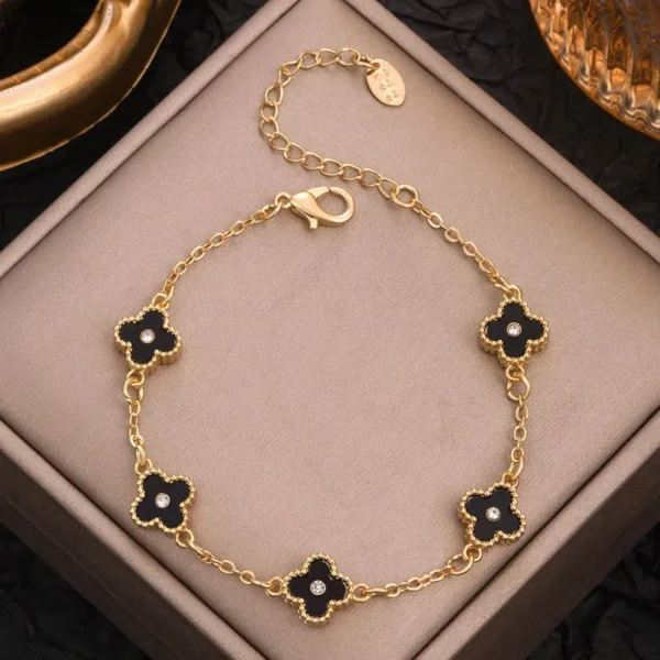 Bracelet trèfle à 4 feuilles noir avec cristal