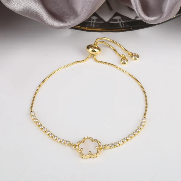 Bracelet trèfle à 5 feuilles ajustable blanc et or