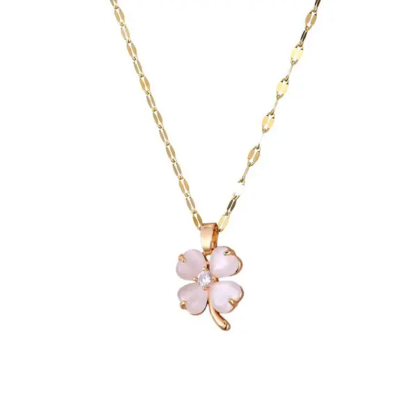 Collier Femme Avec Pendentif Trèfle à 4 Feuilles - Zircon Vert Sur Chaîne Inox - 46 Cm