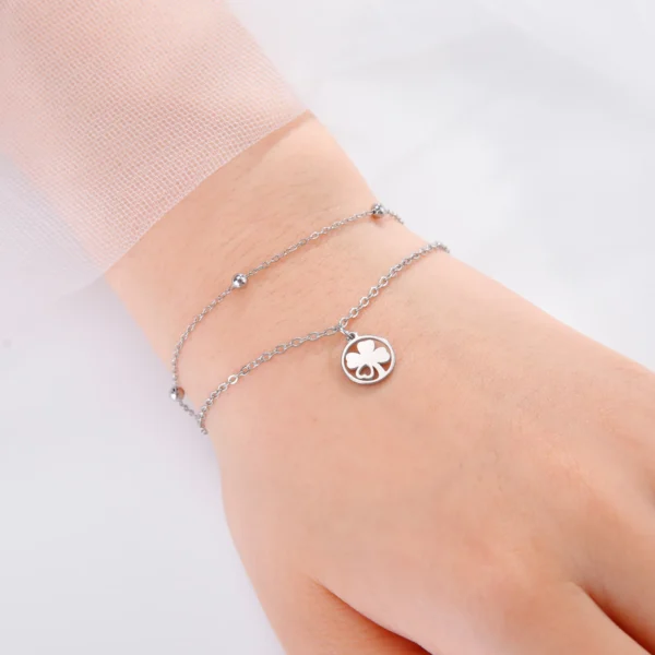 Double bracelet trèfle à 4 feuilles plein argent