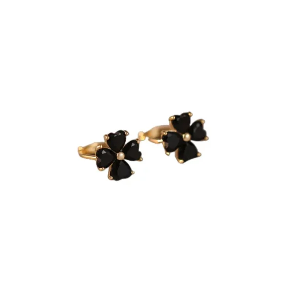 Boucles d'oreilles 4 feuilles noires élégantes dorées