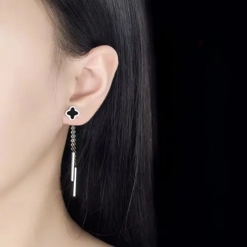Evensee Trèfle à Quatre Feuilles Boucles D'Oreilles Et Collier Argent 925 - Onyx Noir Et Nacre