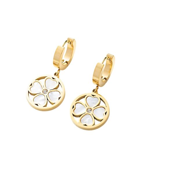 Boucles d'oreilles rondes trèfle 4 feuilles blanc et doré