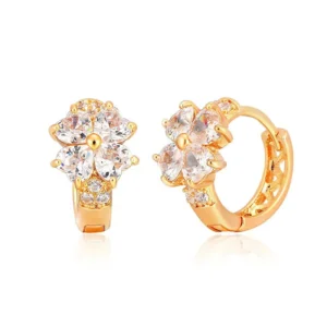 Boucles d'oreilles rondes trèfle 4 feuilles dorées avec cristaux blancs