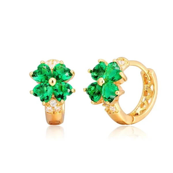 Boucles d'oreilles rondes trèfle 4 feuilles dorées avec cristaux verts