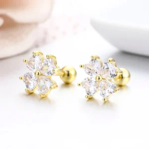 Boucles d'oreilles trèfle 4 feuilles dorée avec cristaux blancs