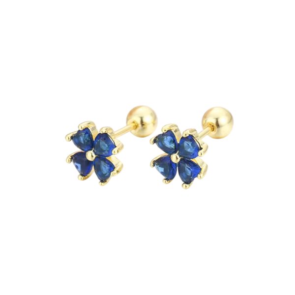 Boucles d'oreilles trèfle 4 feuilles dorée avec cristaux bleus foncés