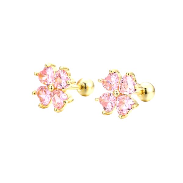 Boucles d'oreilles trèfle 4 feuilles dorée avec cristaux roses