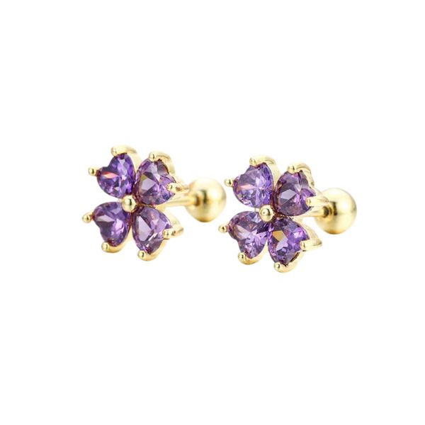 Boucles d'oreilles trèfle 4 feuilles dorée avec cristaux violets