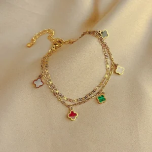 Bracelet doré double avec 5 trèfles multicolores