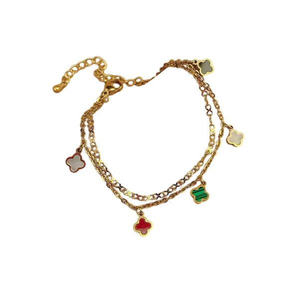 Bracelet doré double avec 5 trèfles multicolores
