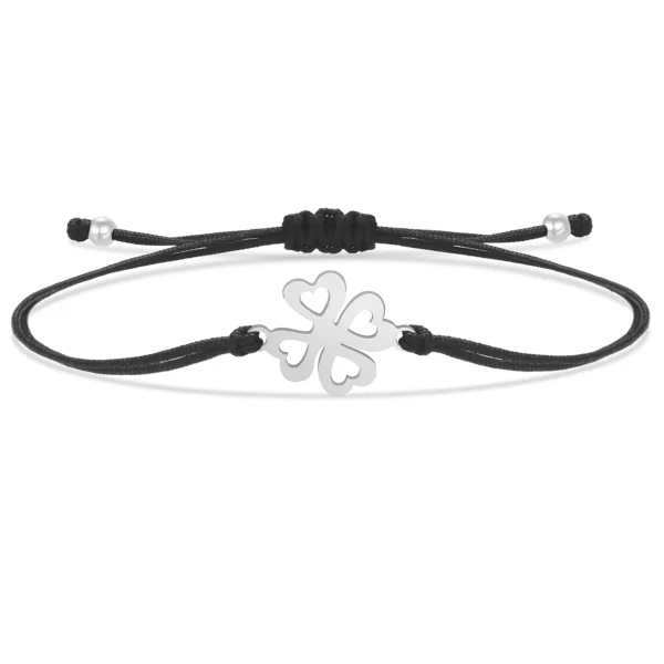 Bracelet trèfle 4 feuilles argenté noir à ficelle