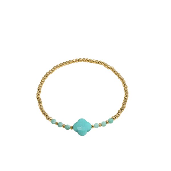 Bracelet trèfle 4 feuilles bleu avec perles dorées