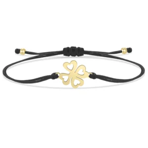 Bracelet trèfle 4 feuilles doré noir à ficelle