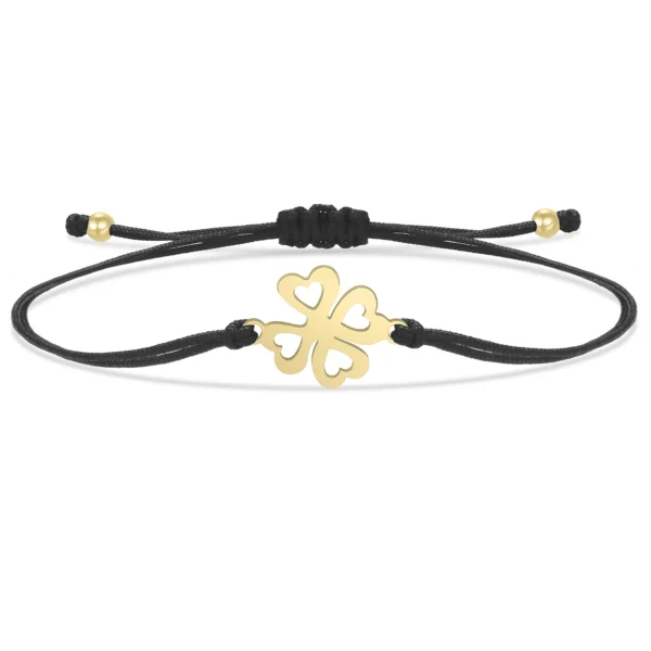 Bracelet trèfle 4 feuilles doré noir à ficelle