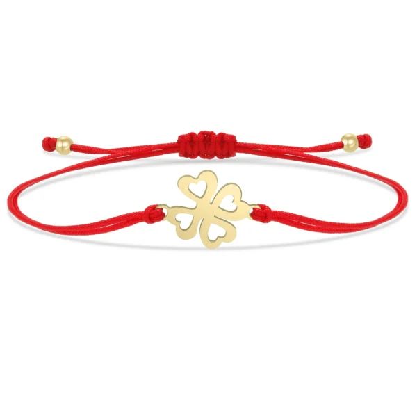 Bracelet trèfle 4 feuilles doré rouge à ficelle