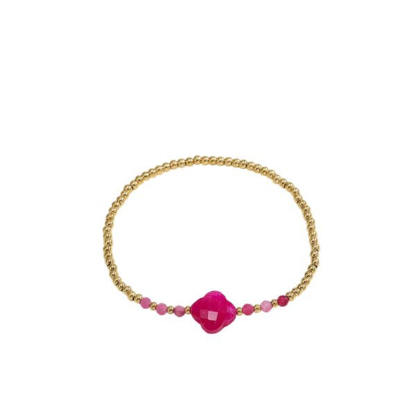 Bracelet trèfle 4 feuilles rose avec perles dorées