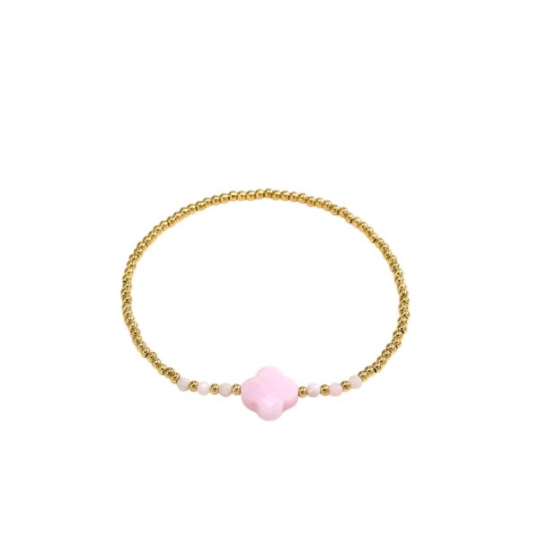 Bracelet trèfle 4 feuilles rose clair avec perles dorées
