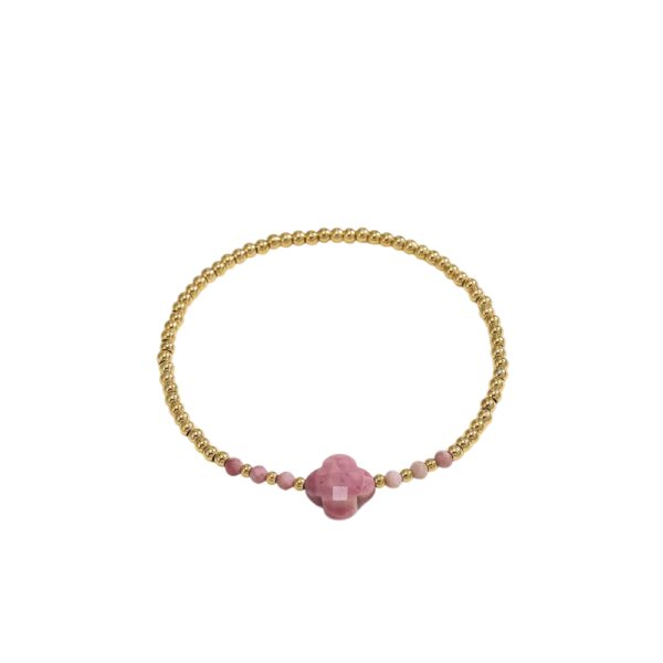 Bracelet trèfle 4 feuilles rose pâle avec perles dorées