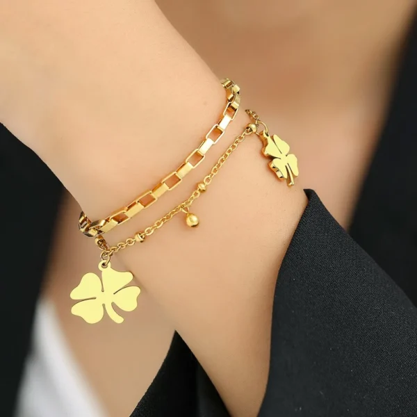 Bracelet trèfle à 4 feuilles double doré