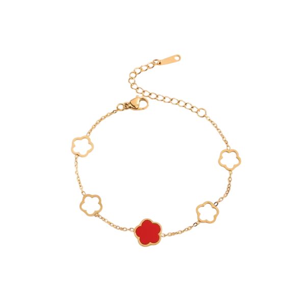 Bracelet trèfle à 5 feuilles dorés creux et rouge