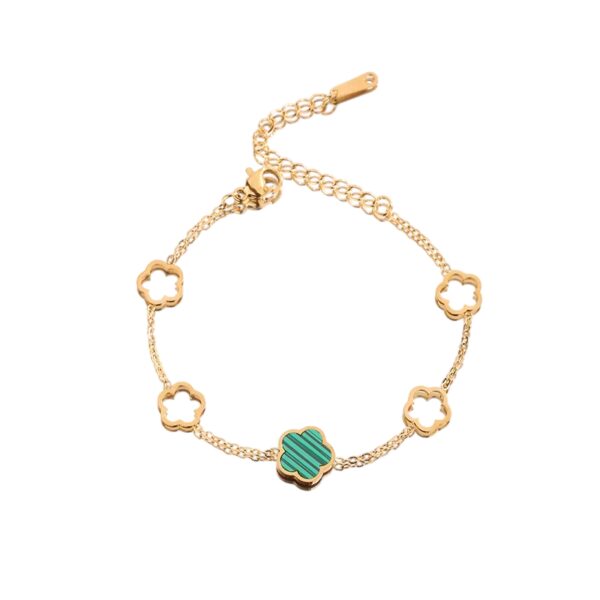 Bracelet trèfle à 5 feuilles dorés creux et vert