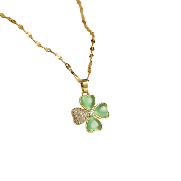Collier trèfle 4 feuilles vert et doré avec cristaux