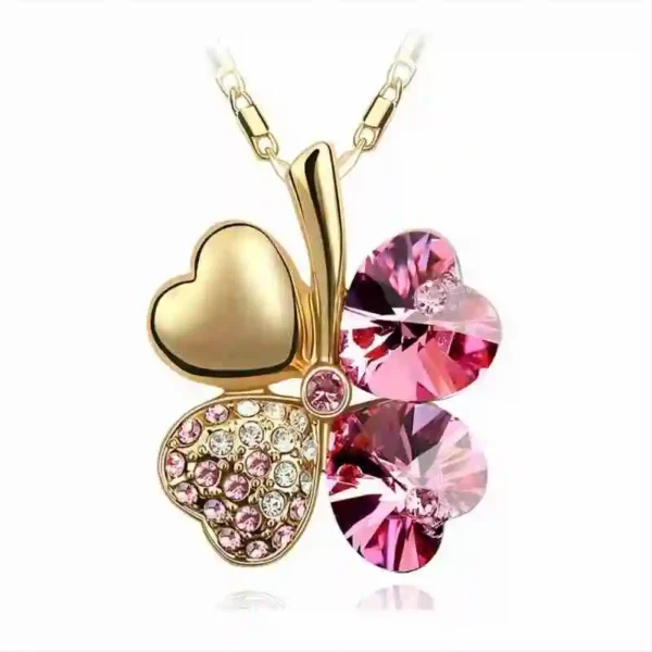Collier trèfle à 4 feuilles design doré avec cristaux roses