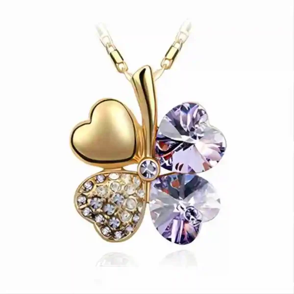 Collier trèfle à 4 feuilles design doré avec cristaux violets